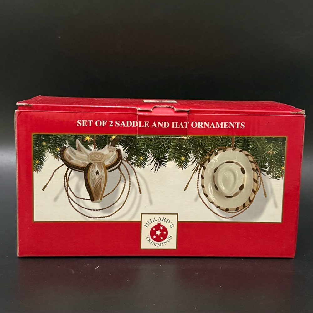 Retired DILLARD’s Trimmings Set of 2 Cowboy Theme Saddle & Hat Ceramic Ornaments